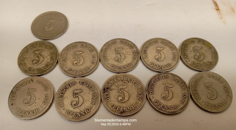 Lot 11 German Empire 5 Pfennig Coins 1875-1912 Cupro-Nickel Circulated
